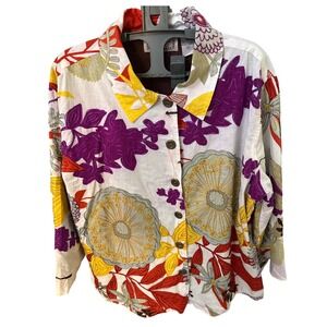 Life Style Woman 1X Cotton Floral Embroidered Sequin Button Front Jacket cream